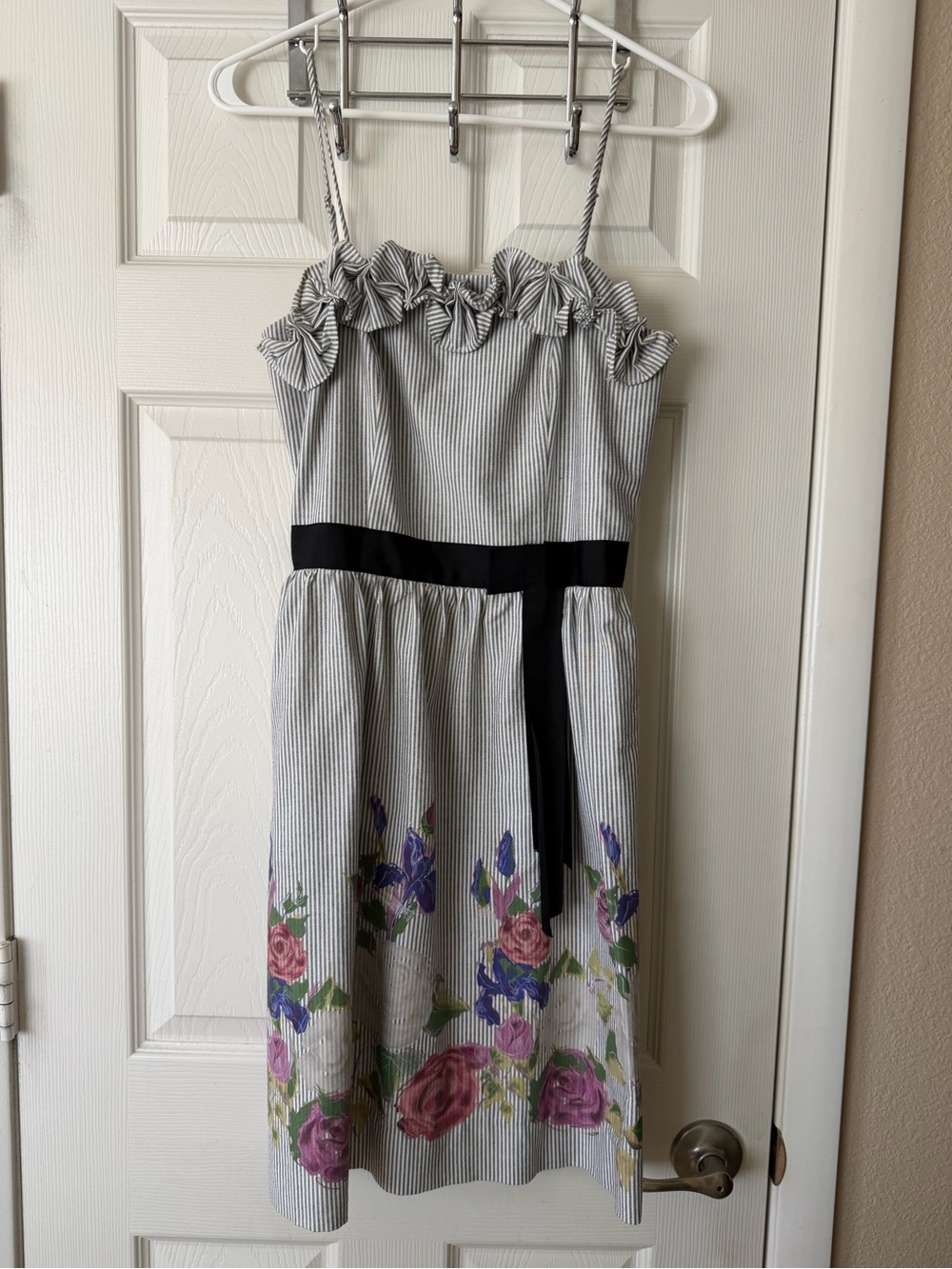 Velvet White Striped Sundress with Black Waist Tie and Floral Hem